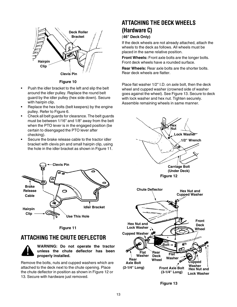 Attaching the chute deflector, Attaching the deck wheels (hardware c) | Yard Machines 840 Thru 849 User Manual | Page 13 / 28