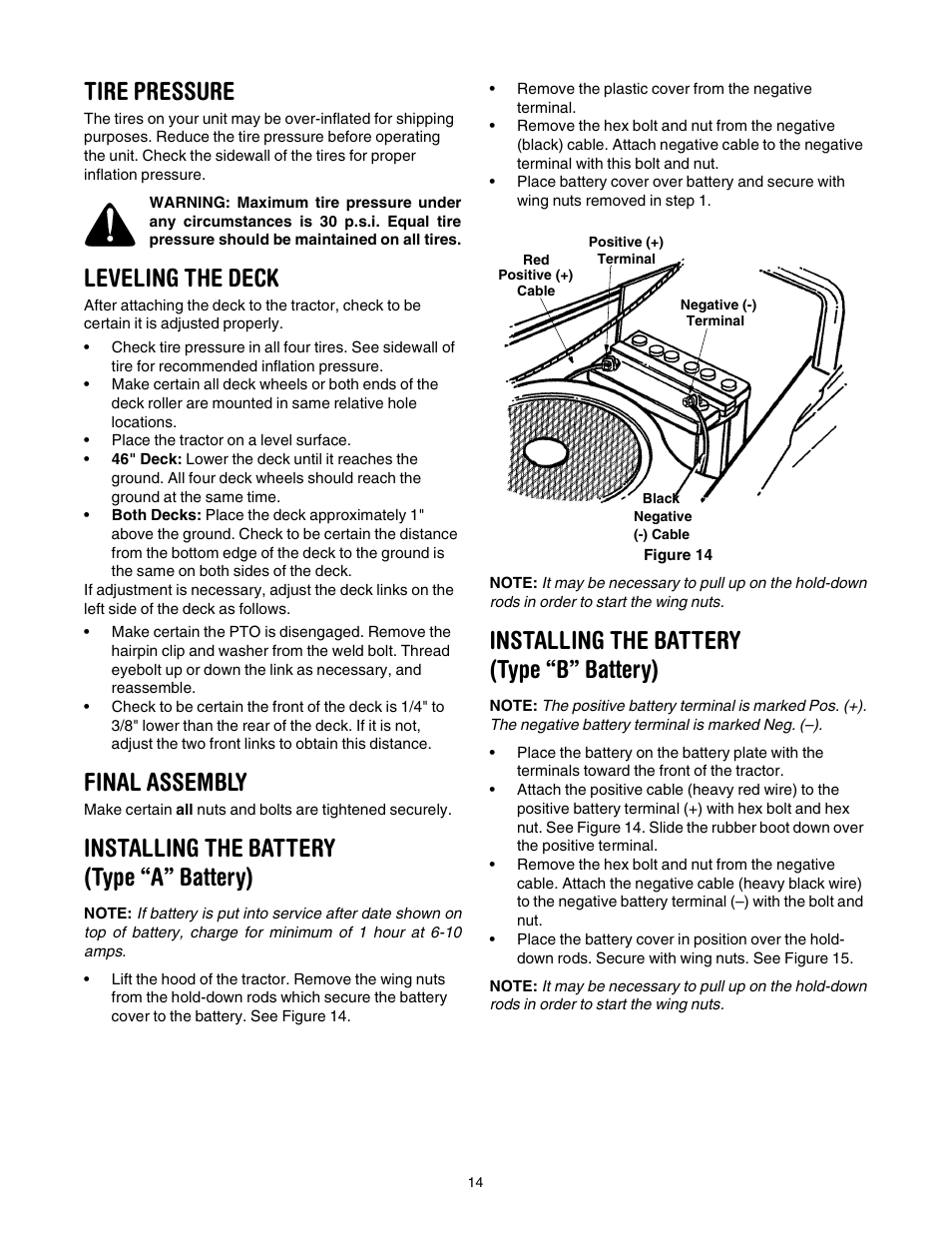 Tire pressure, Leveling the deck, Final assembly | Installing the battery (type “a” battery), Installing the battery (type “b” battery) | Yard Machines 840 Thru 849 User Manual | Page 14 / 28