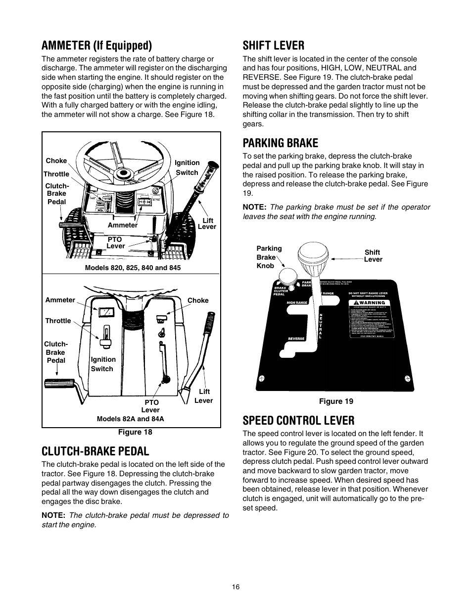 Ammeter (if equipped), Clutch-brake pedal, Shift lever | Parking brake, Speed control lever | Yard Machines 840 Thru 849 User Manual | Page 16 / 28