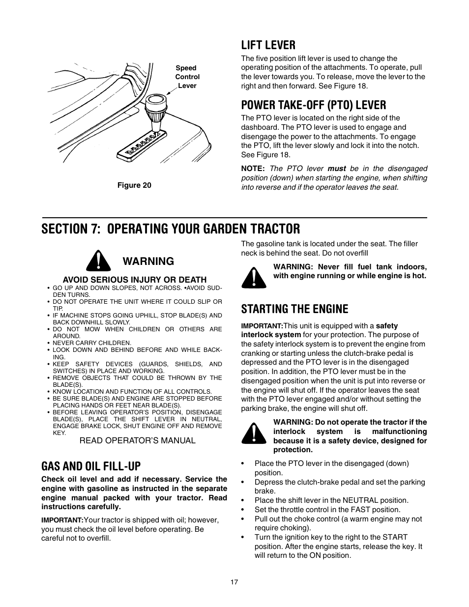 Lift lever, Power take-off (pto) lever, Gas and oil fill-up | Starting the engine, Warning | Yard Machines 840 Thru 849 User Manual | Page 17 / 28