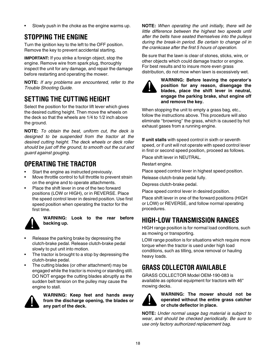 Stopping the engine, Setting the cutting height, Operating the tractor | High-low transmission ranges, Grass collector available | Yard Machines 840 Thru 849 User Manual | Page 18 / 28