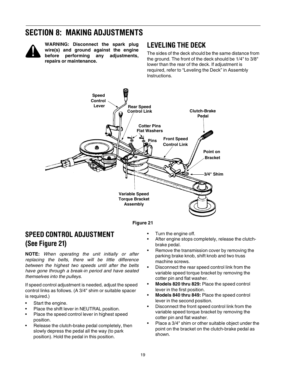 Leveling the deck, Speed control adjustment (see figure 21) | Yard Machines 840 Thru 849 User Manual | Page 19 / 28