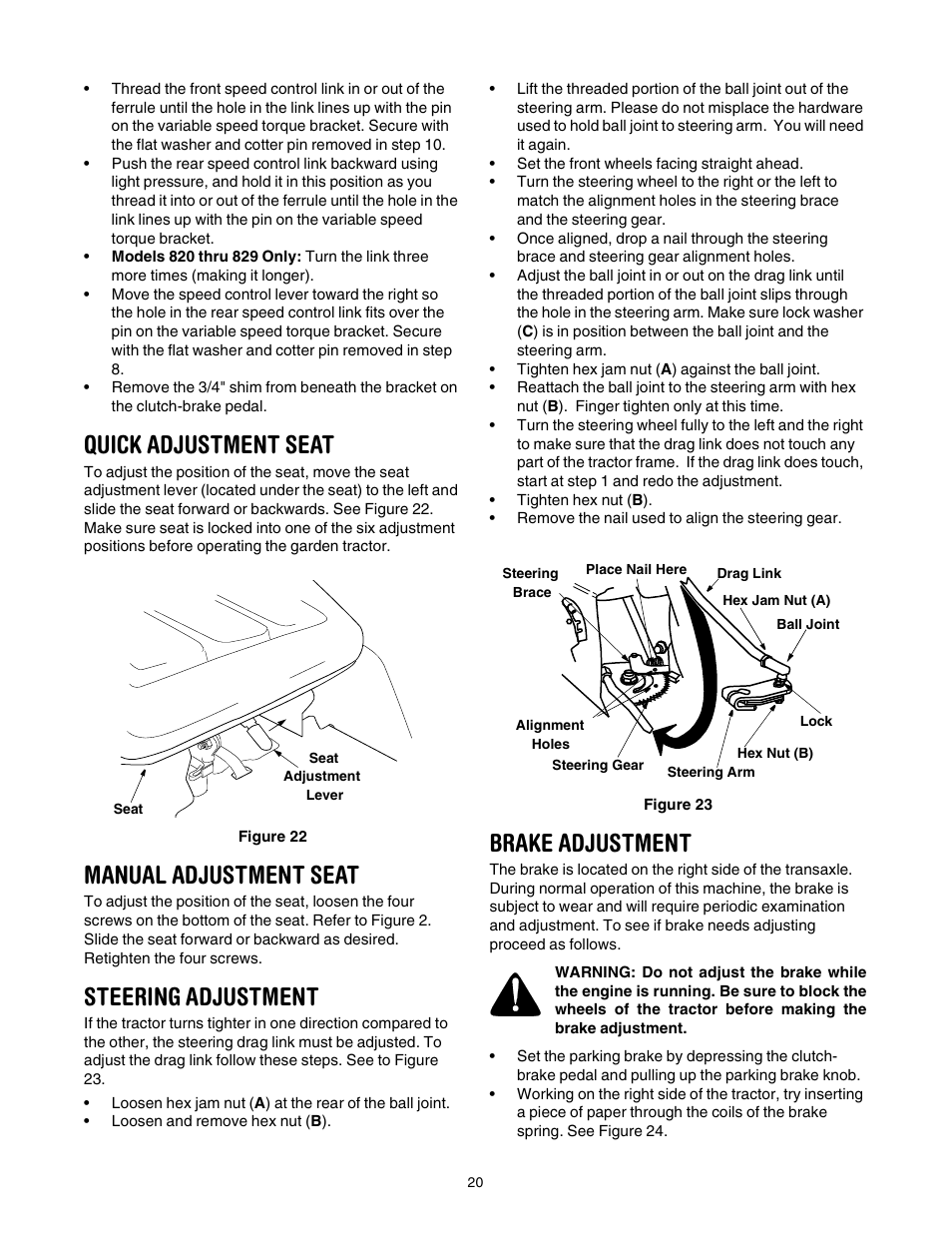 Quick adjustment seat, Manual adjustment seat, Steering adjustment | Brake adjustment | Yard Machines 840 Thru 849 User Manual | Page 20 / 28