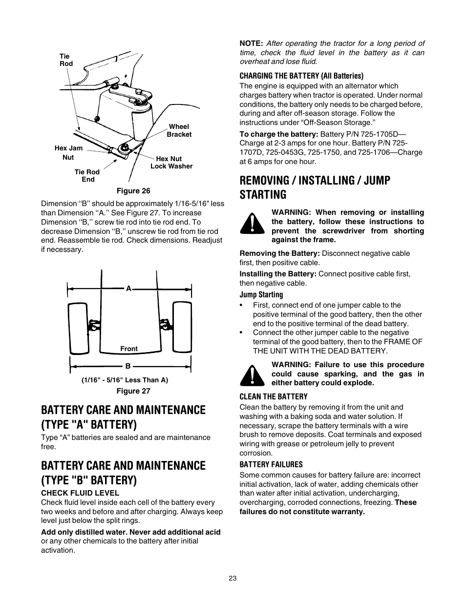 Battery care and maintenance (type "a" battery), Battery care and maintenance (type "b" battery), Removing / installing / jump starting | Yard Machines 840 Thru 849 User Manual | Page 23 / 28