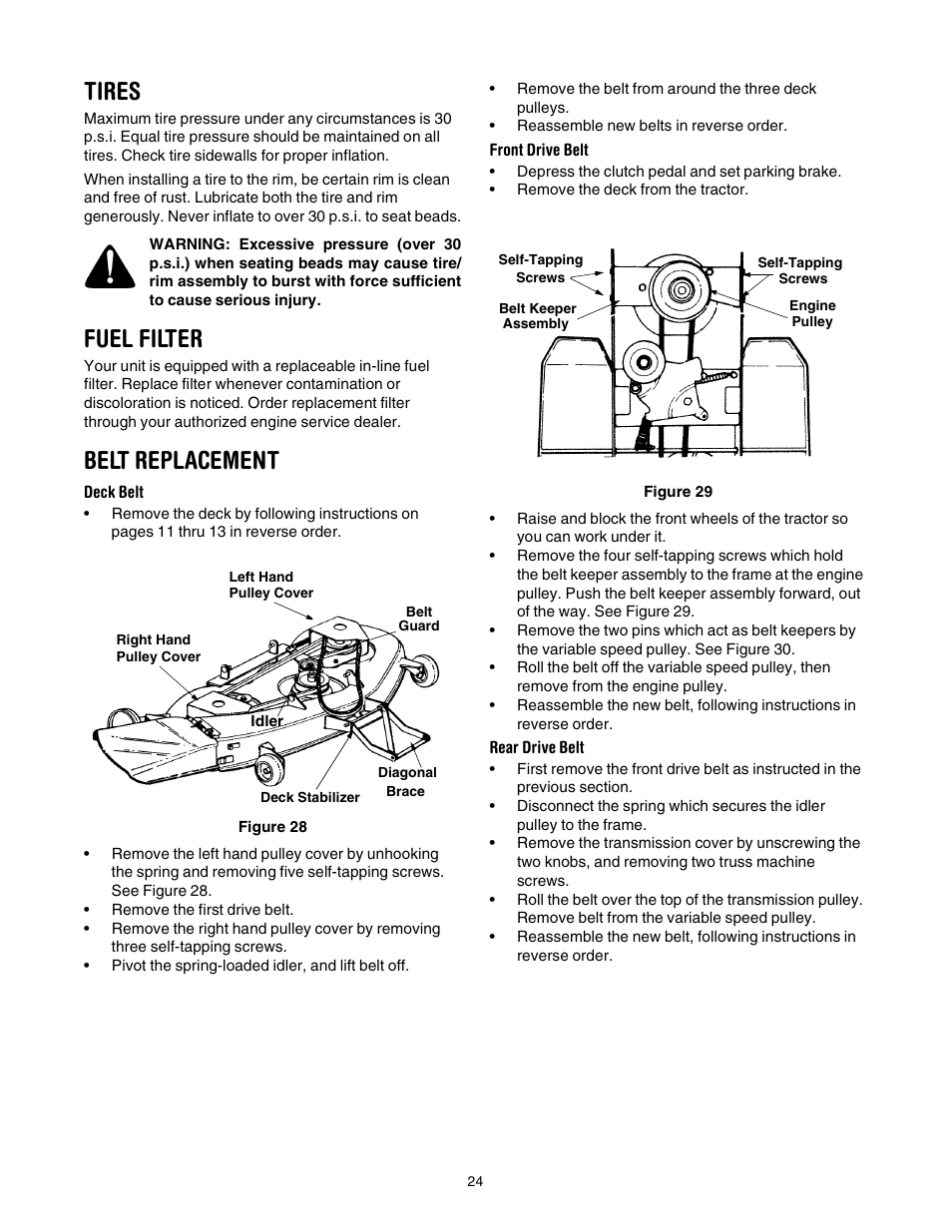 Tires, Fuel filter, Belt replacement | Yard Machines 840 Thru 849 User Manual | Page 24 / 28