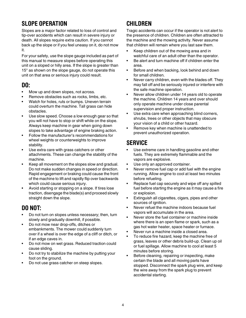 Slope operation, Do not, Children | Service | Yard Machines 840 Thru 849 User Manual | Page 4 / 28