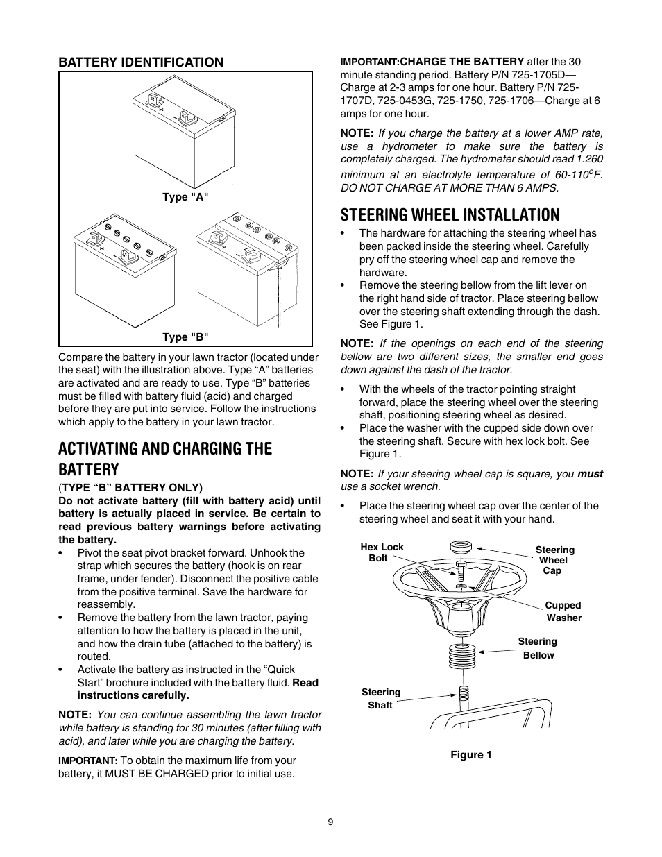 Activating and charging the battery, Steering wheel installation | Yard Machines 840 Thru 849 User Manual | Page 9 / 28