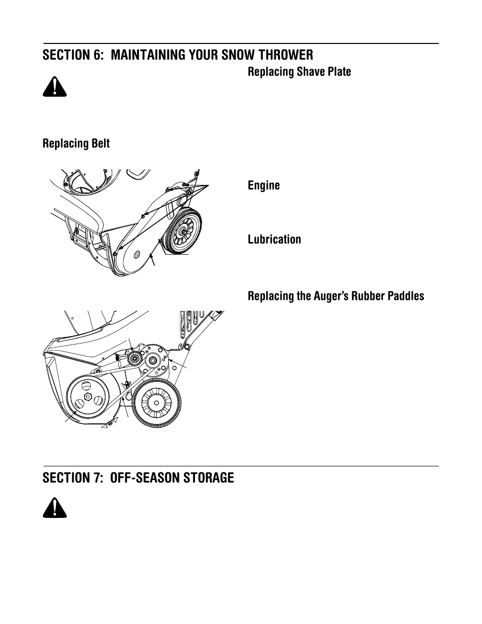 Replacing belt, Replacing shave plate, Engine | Lubrication, Replacing the auger’s rubber paddles | Yard Machines E295 User Manual | Page 10 / 16