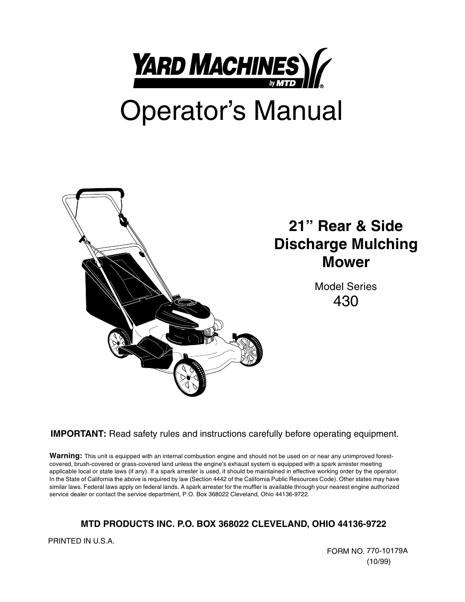 Yard Machines 430 User Manual | 20 pages