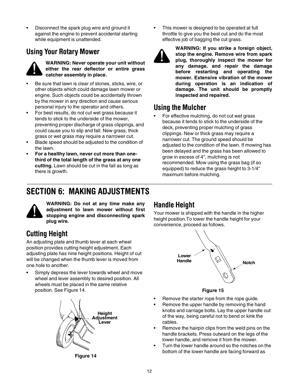 Using your rotary mower, Using the mulcher, Cutting height | Handle height | Yard Machines 430 User Manual | Page 12 / 20
