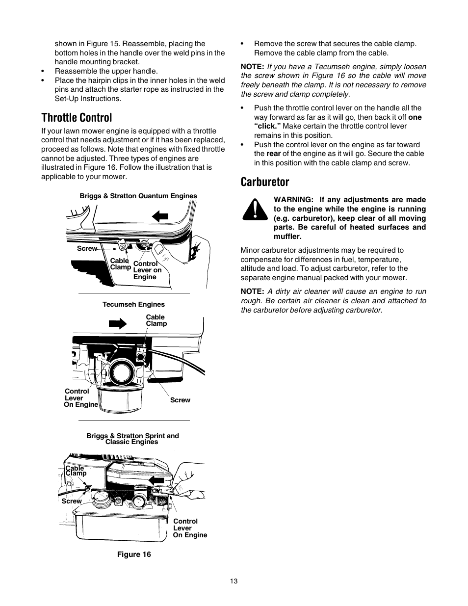 Throttle control, Carburetor | Yard Machines 430 User Manual | Page 13 / 20
