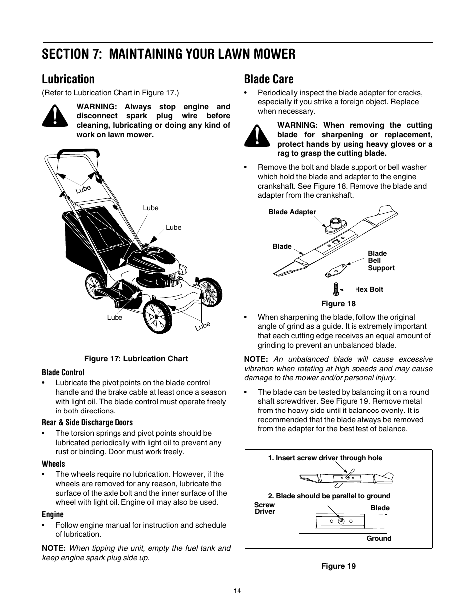 Lubrication, Blade care | Yard Machines 430 User Manual | Page 14 / 20