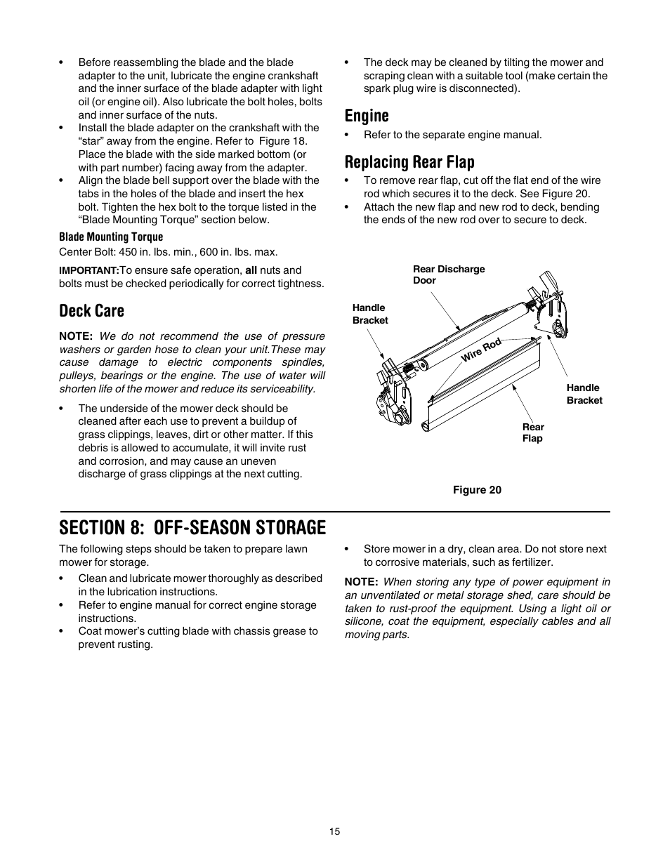 Deck care, Engine, Replacing rear flap | Yard Machines 430 User Manual | Page 15 / 20