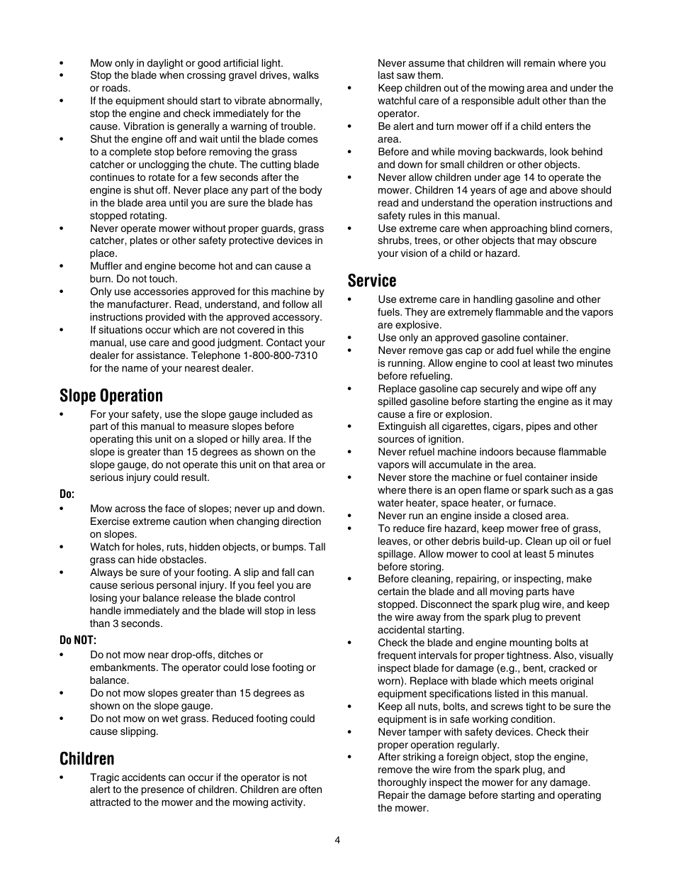 Slope operation, Children, Service | Yard Machines 430 User Manual | Page 4 / 20