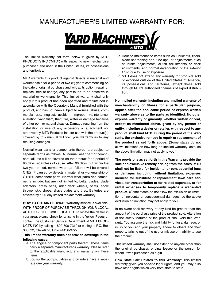 Manufacturer’s limited warranty for | Yard Machines 30 User Manual | Page 16 / 16