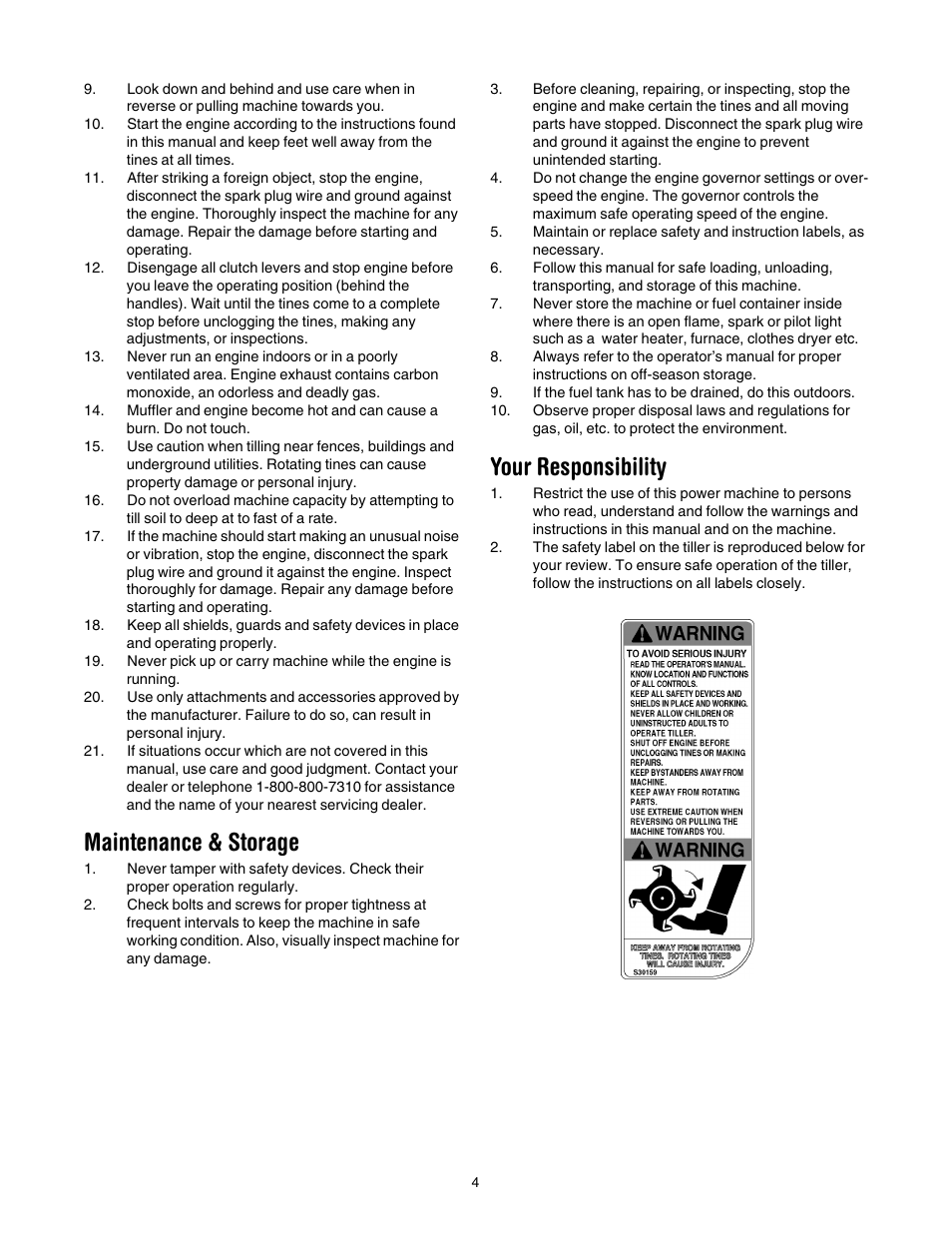 Maintenance & storage, Your responsibility | Yard Machines 30 User Manual | Page 4 / 16