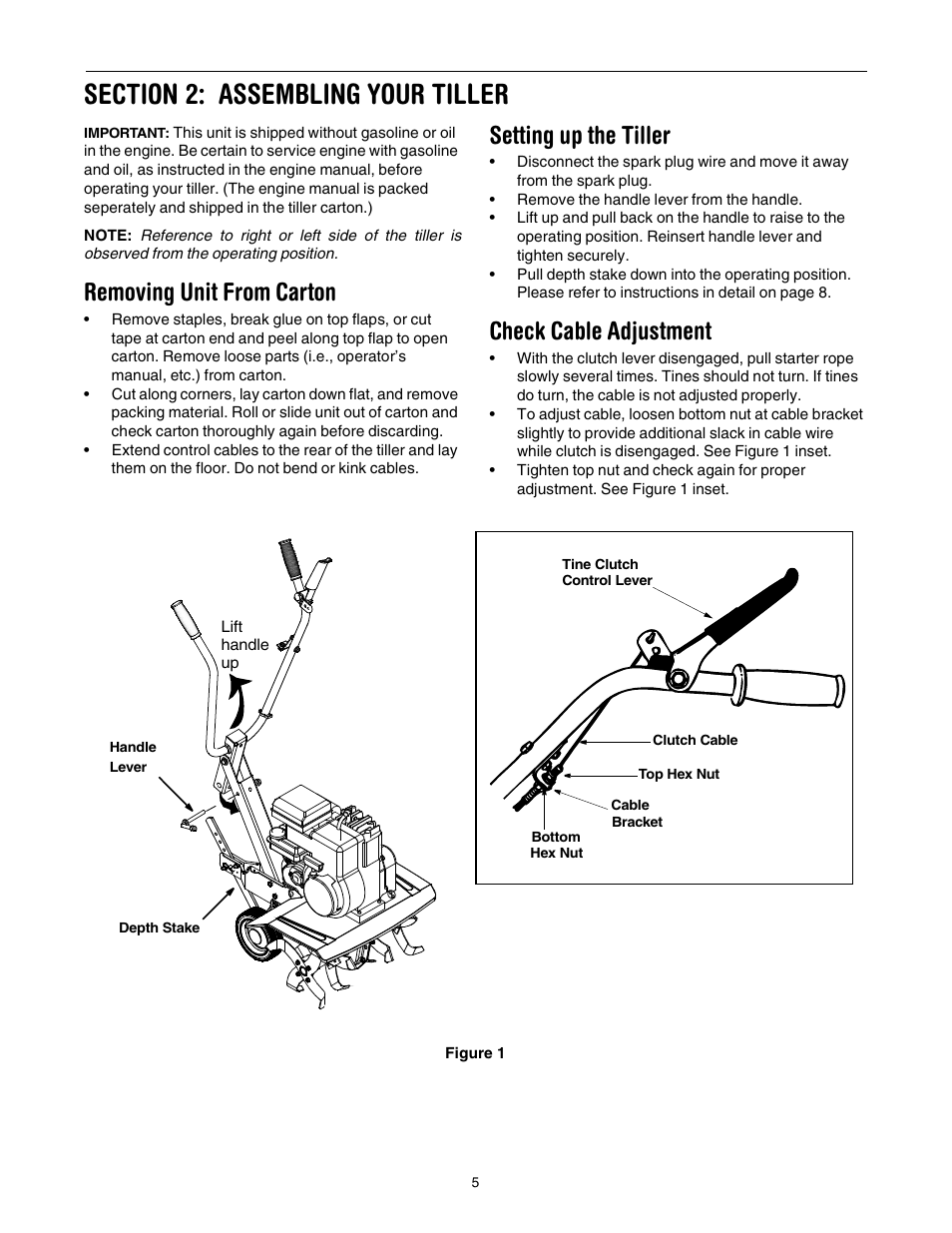 Removing unit from carton, Setting up the tiller, Check cable adjustment | Yard Machines 30 User Manual | Page 5 / 16