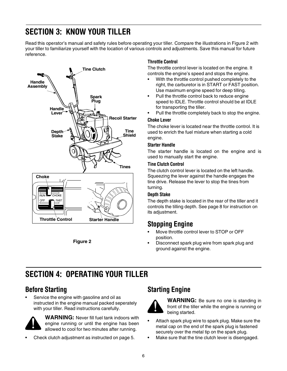 Stopping engine, Before starting, Starting engine | Yard Machines 30 User Manual | Page 6 / 16