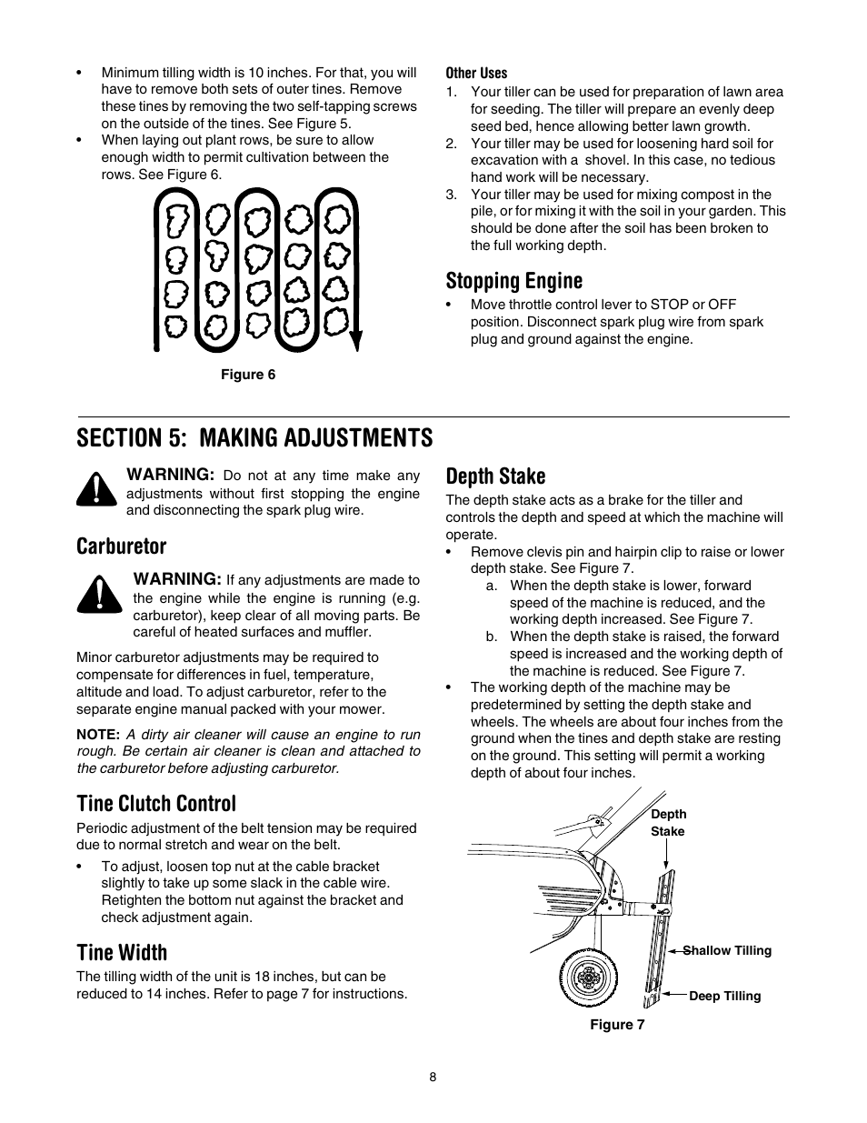 Stopping engine, Carburetor, Tine clutch control | Tine width, Depth stake | Yard Machines 30 User Manual | Page 8 / 16