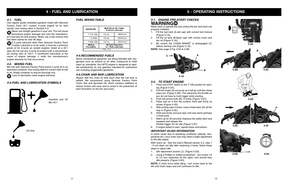 Warning, 4 - fuel and lubrication, 5 - operating instructions | Yard Machines MTD1840AVCC User Manual | Page 11 / 72