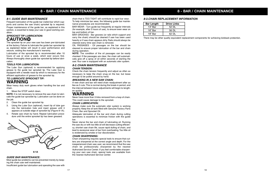 Caution, Warning, 8 - bar / chain maintenance | Yard Machines MTD1840AVCC User Manual | Page 18 / 72