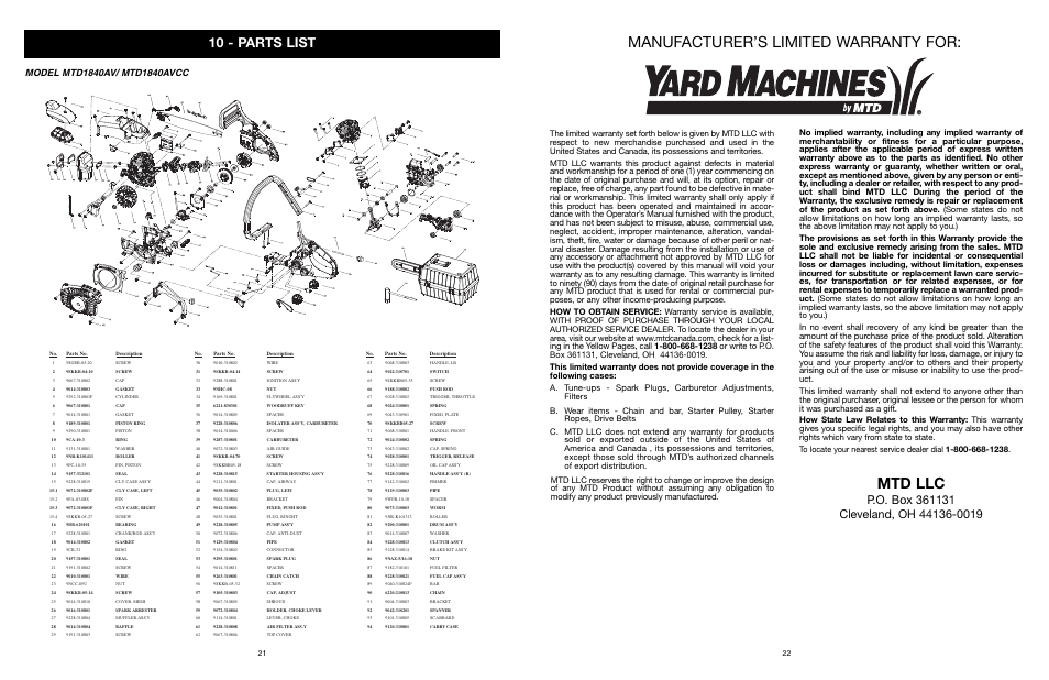 Manufacturer’s limited warranty for, Mtd llc, 10 - parts list | Yard Machines MTD1840AVCC User Manual | Page 22 / 72