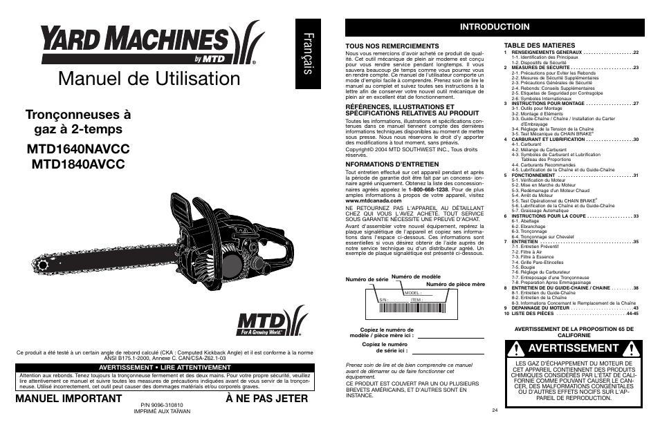 Manuel de utilisation, Français, Avertissement | Manuel important à ne pas jeter, Introductioin | Yard Machines MTD1840AVCC User Manual | Page 25 / 72