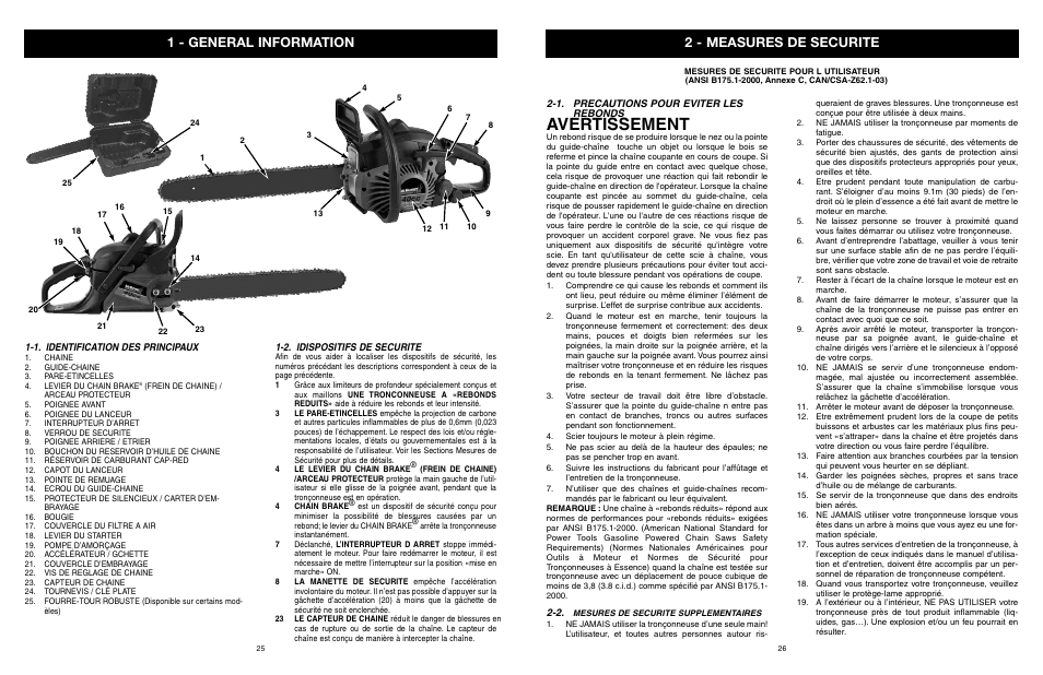 Avertissement, 2 - measures de securite, 1 - general information | Yard Machines MTD1840AVCC User Manual | Page 27 / 72