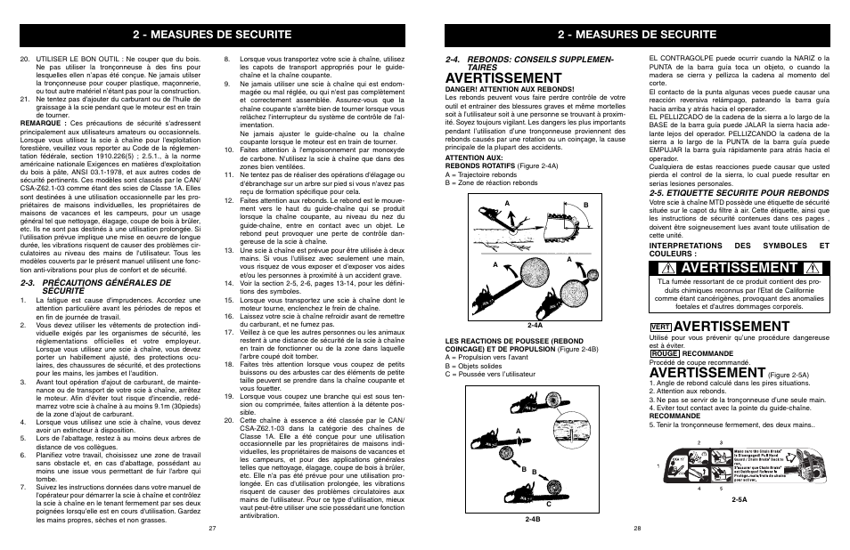 Avertissement, 2 - measures de securite | Yard Machines MTD1840AVCC User Manual | Page 28 / 72
