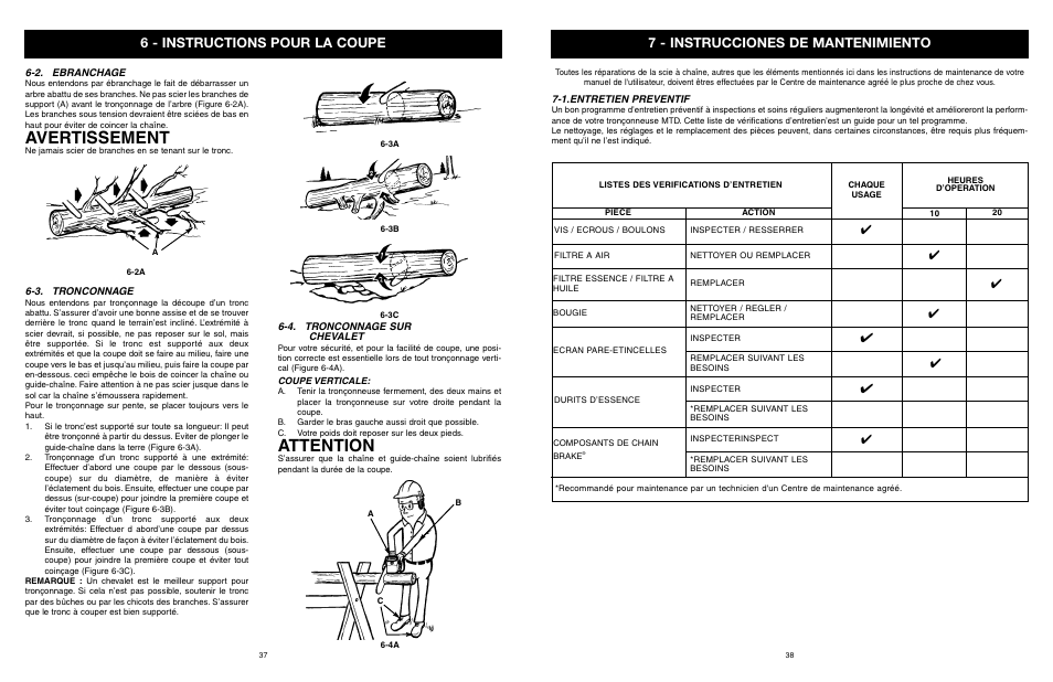 Avertissement, Attention, 7 - instrucciones de mantenimiento | 6 - instructions pour la coupe | Yard Machines MTD1840AVCC User Manual | Page 38 / 72