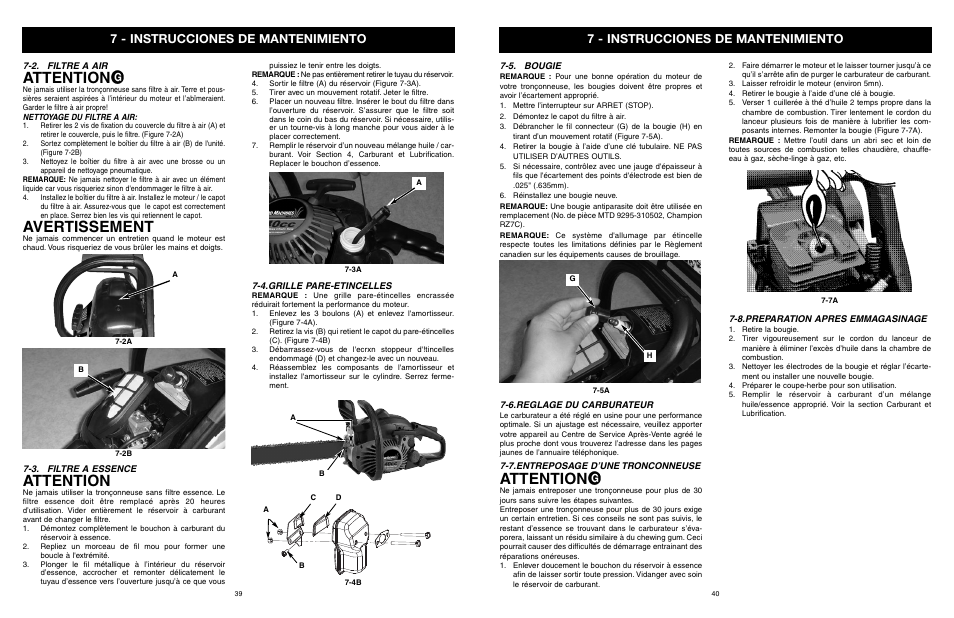 Attention, Avertissement, 7 - instrucciones de mantenimiento | Yard Machines MTD1840AVCC User Manual | Page 40 / 72