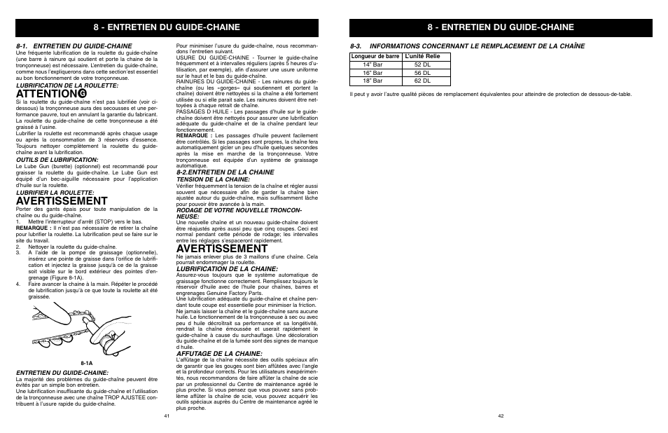 Attention, Avertissement, 8 - entretien du guide-chaine | Yard Machines MTD1840AVCC User Manual | Page 42 / 72