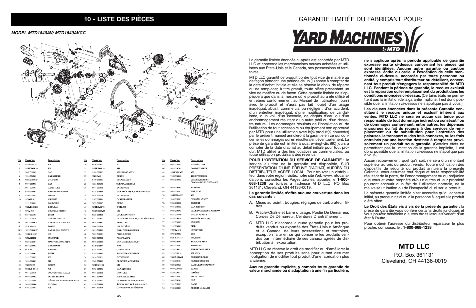 Mtd llc, 10 - liste des pièces, Garantie limitée du fabricant pour | Yard Machines MTD1840AVCC User Manual | Page 47 / 72