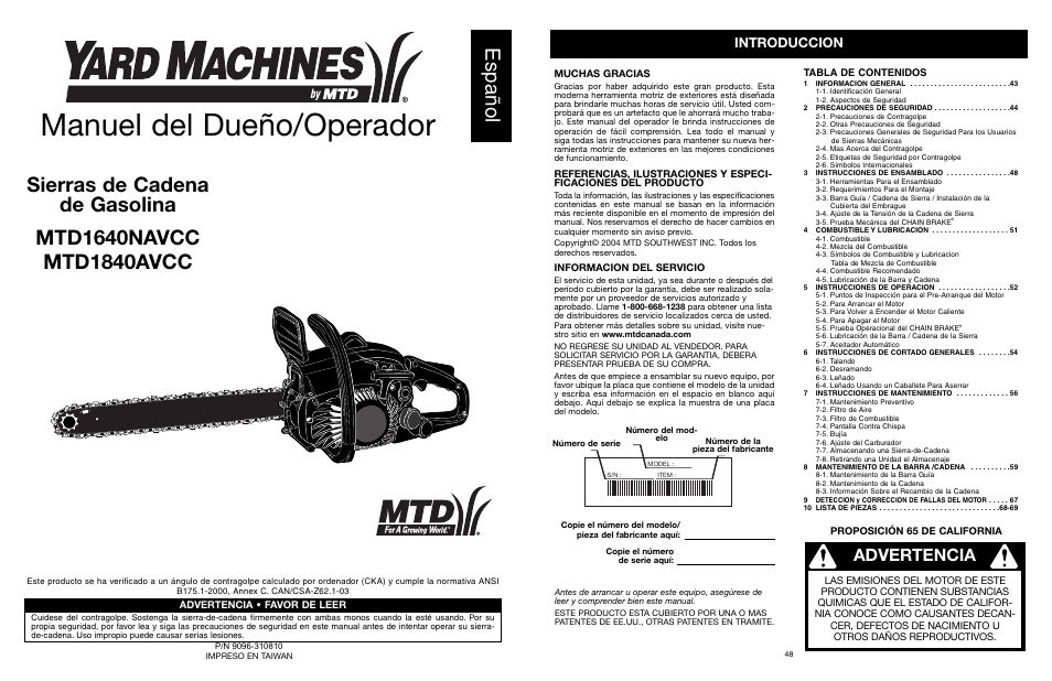 Manuel del dueño/operador, Español, Advertencia | Introduccion | Yard Machines MTD1840AVCC User Manual | Page 48 / 72