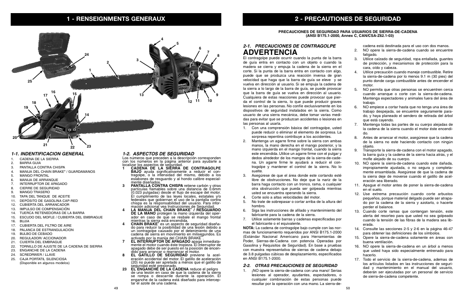 Advertencia, 1 - renseignments generaux, 2 - precautiones de seguridad | 1. indentificacion general, 2. aspectos de seguridad, 1. precauciones de contragolpe | Yard Machines MTD1840AVCC User Manual | Page 51 / 72