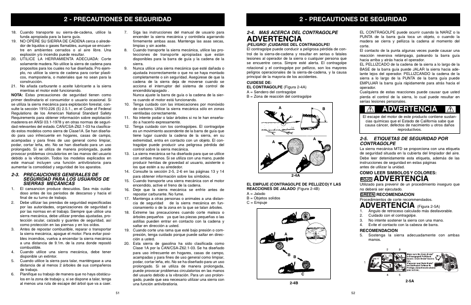 Advertencia, 2 - precautiones de seguridad | Yard Machines MTD1840AVCC User Manual | Page 52 / 72