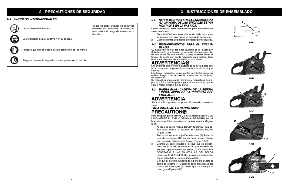 Advertencia, Precaution, 3 - instrucciones de ensemblado | 2 - precautiones de seguridad | Yard Machines MTD1840AVCC User Manual | Page 54 / 72