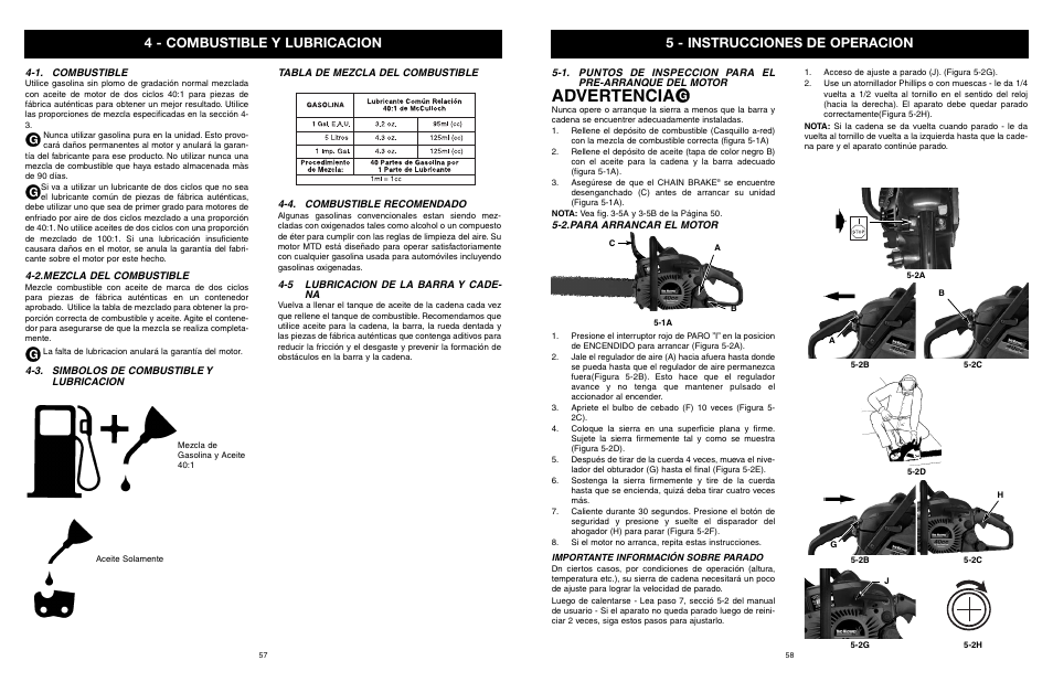 Advertencia, 4 - combustible y lubricacion, 5 - instrucciones de operacion | Yard Machines MTD1840AVCC User Manual | Page 59 / 72