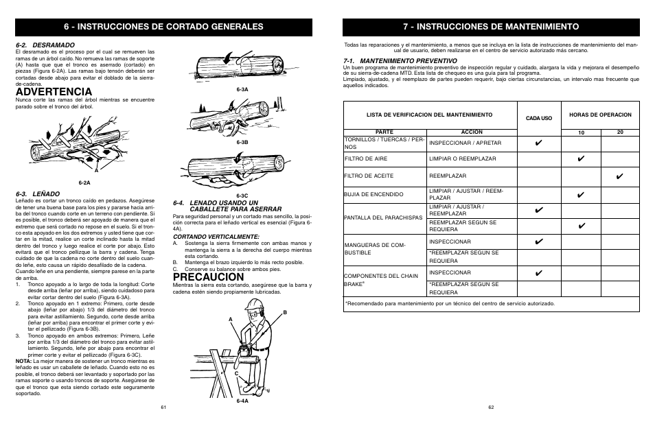 Advertencia, Precaucion, 6 - instrucciones de cortado generales | 7 - instrucciones de mantenimiento | Yard Machines MTD1840AVCC User Manual | Page 63 / 72