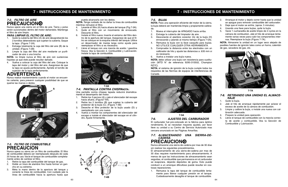 Precaucion, Advertencia, 7 - instrucciones de mantenimiento | Yard Machines MTD1840AVCC User Manual | Page 64 / 72