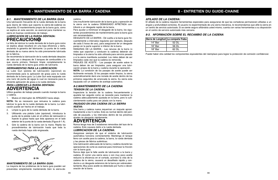 Precaucion, Advertencia, 8 - mantenimiento de la barra / cadena | 8 - entretien du guide-chaine | Yard Machines MTD1840AVCC User Manual | Page 66 / 72