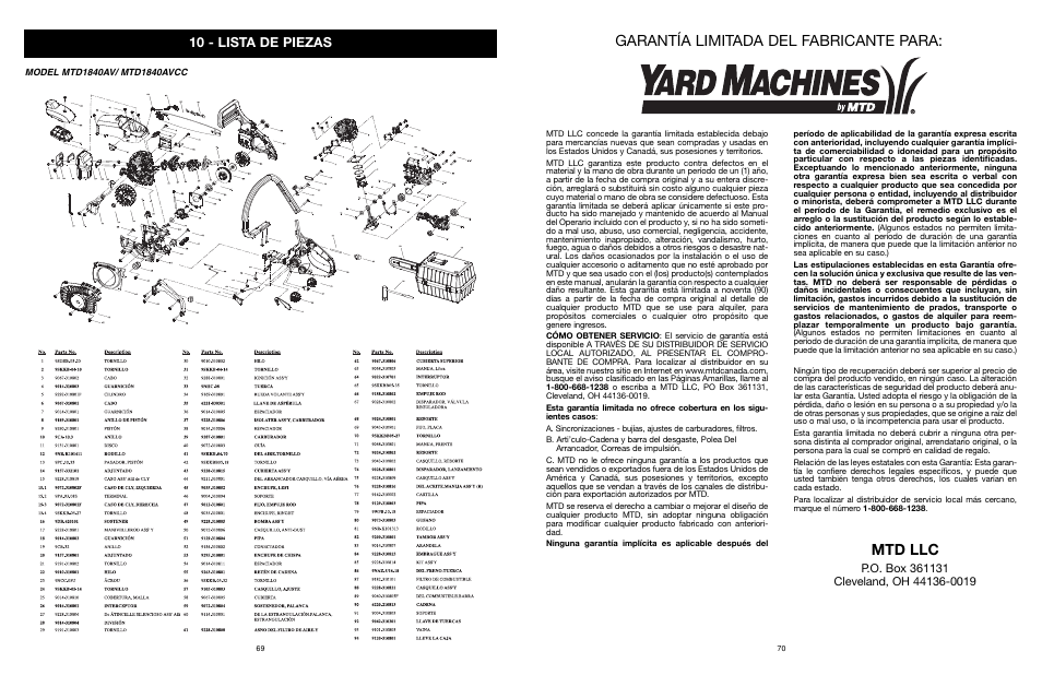 Garantía limitada del fabricante para, Mtd llc, 10 - lista de piezas | Yard Machines MTD1840AVCC User Manual | Page 70 / 72