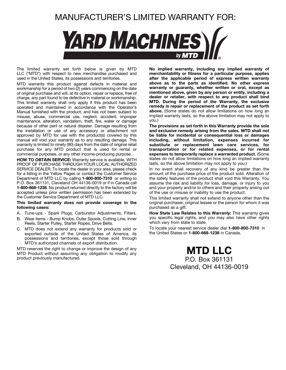 Mtd llc, Manufacturer’s limited warranty for | Yard Machines 3100M User Manual | Page 16 / 52