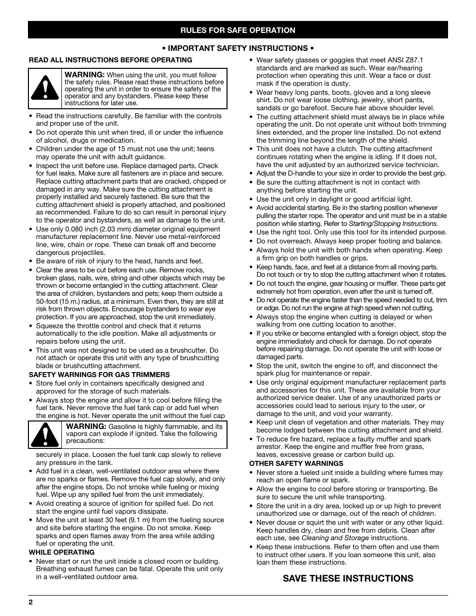 Save these instructions | Yard Machines 3100M User Manual | Page 2 / 52