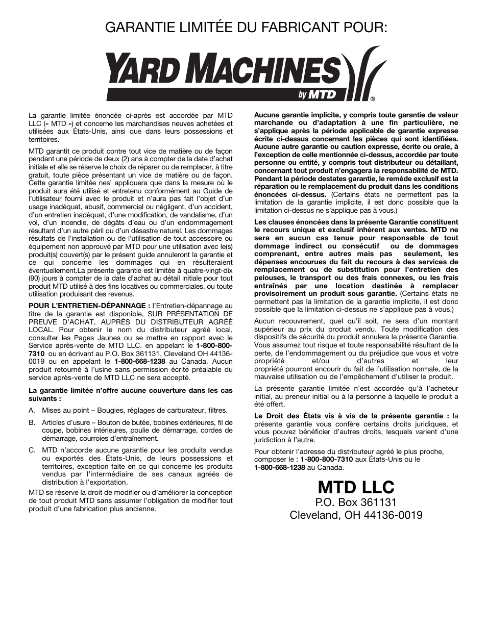 Mtd llc, Garantie limitée du fabricant pour | Yard Machines 3100M User Manual | Page 32 / 52