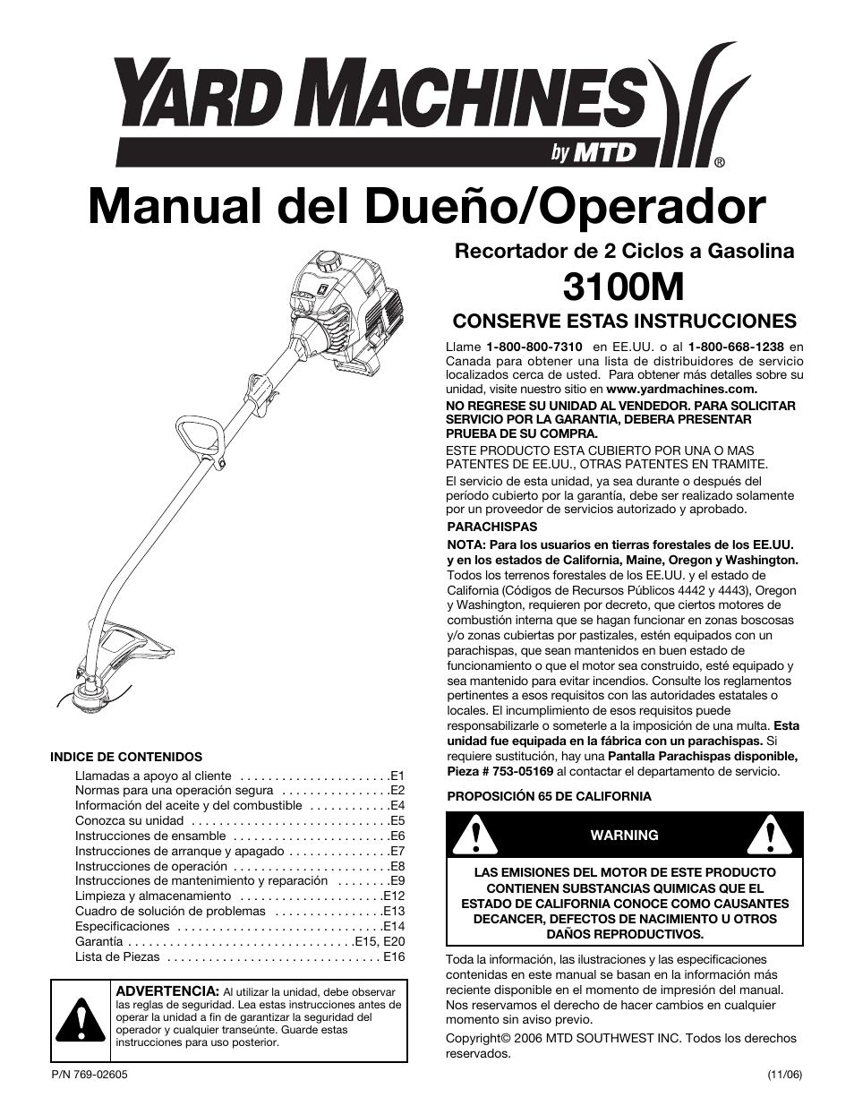 Manual del dueño/operador, 3100m, Recortador de 2 ciclos a gasolina | Conserve estas instrucciones | Yard Machines 3100M User Manual | Page 33 / 52