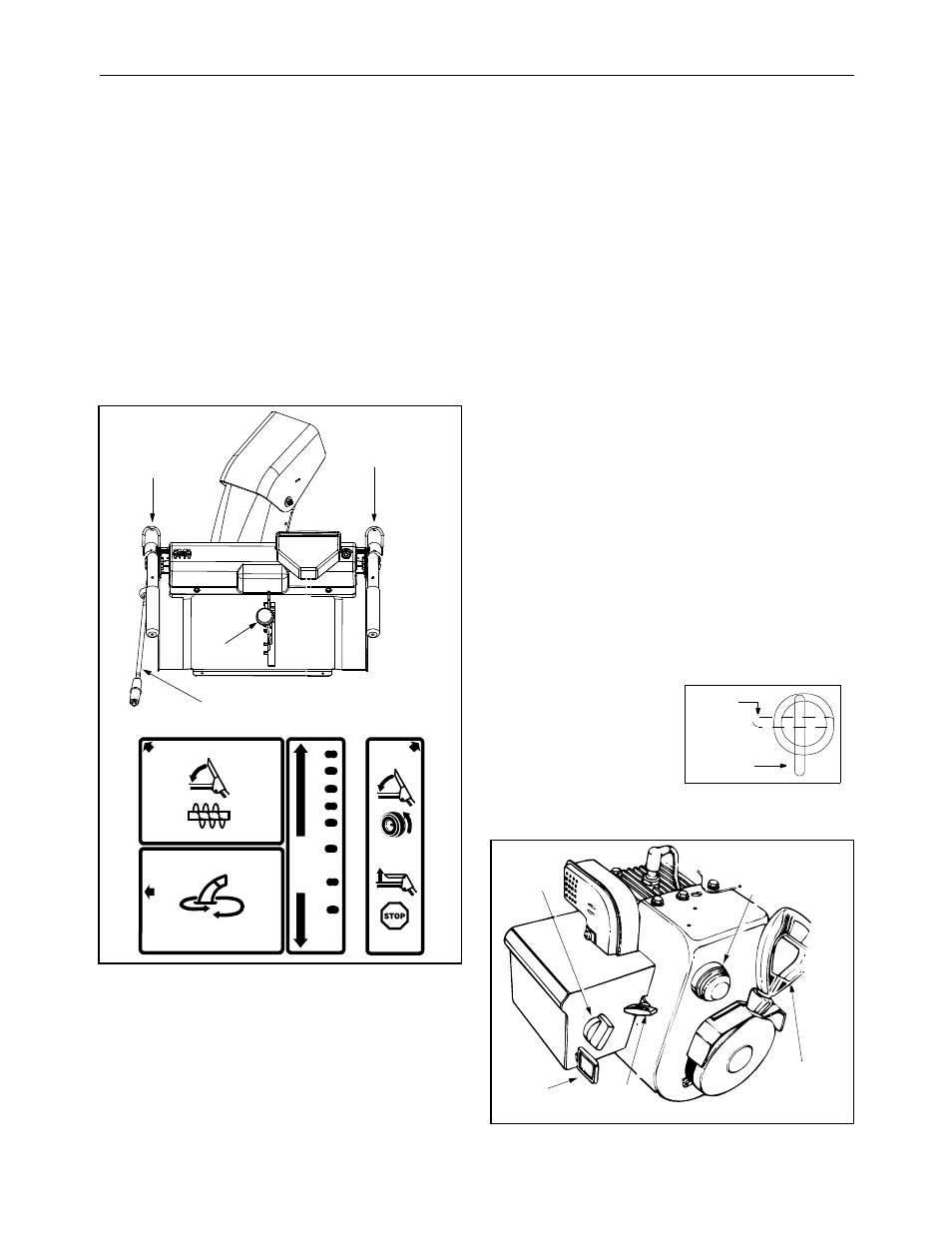Operating controls shift lever, Auger control, Traction / auger control lock | Chute directional control, Safety ignition switch, Fuel shut-off valve | Yard Machines E6C0F User Manual | Page 7 / 28