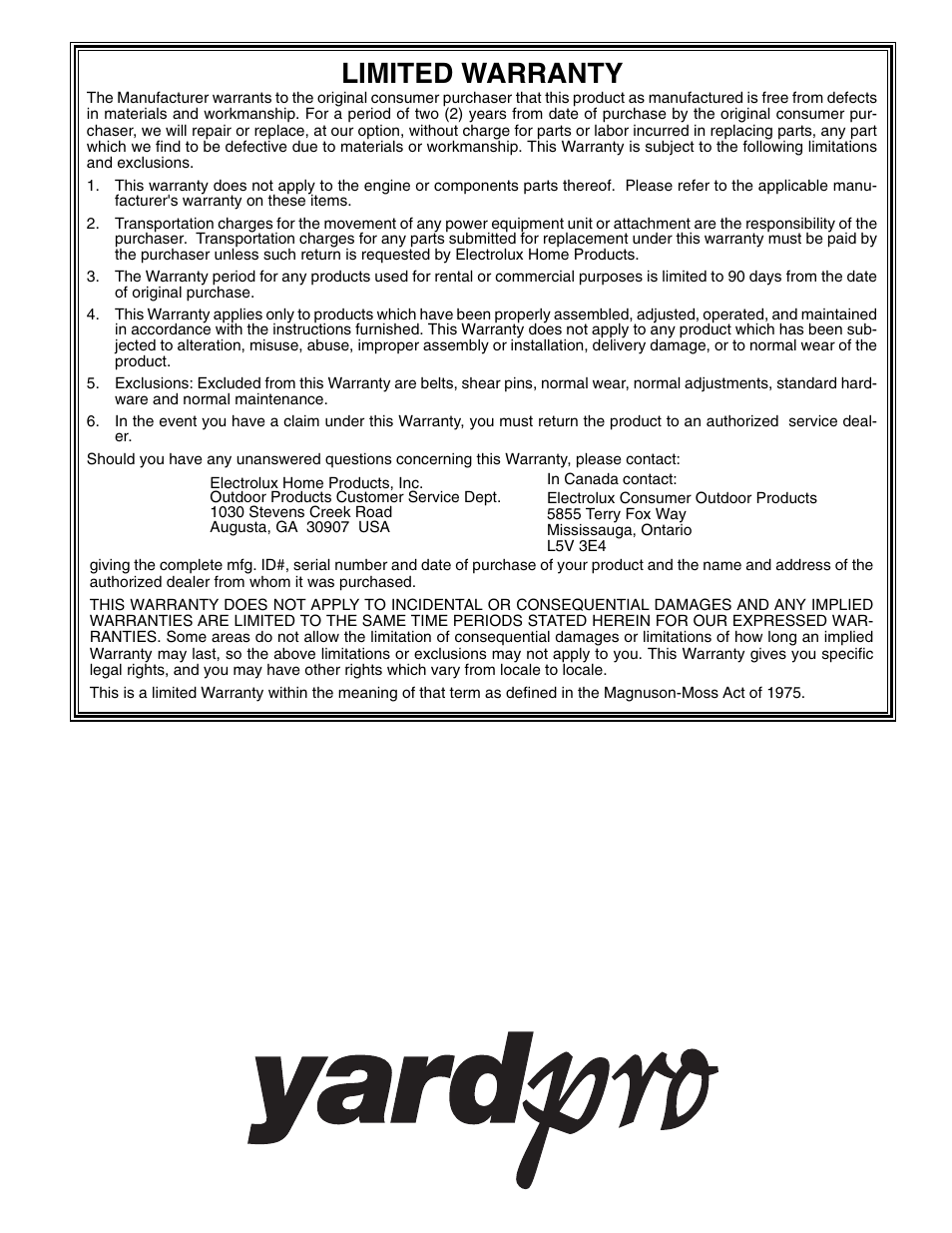 Limited warranty | Yard Machines yardpro 961940001 User Manual | Page 20 / 20