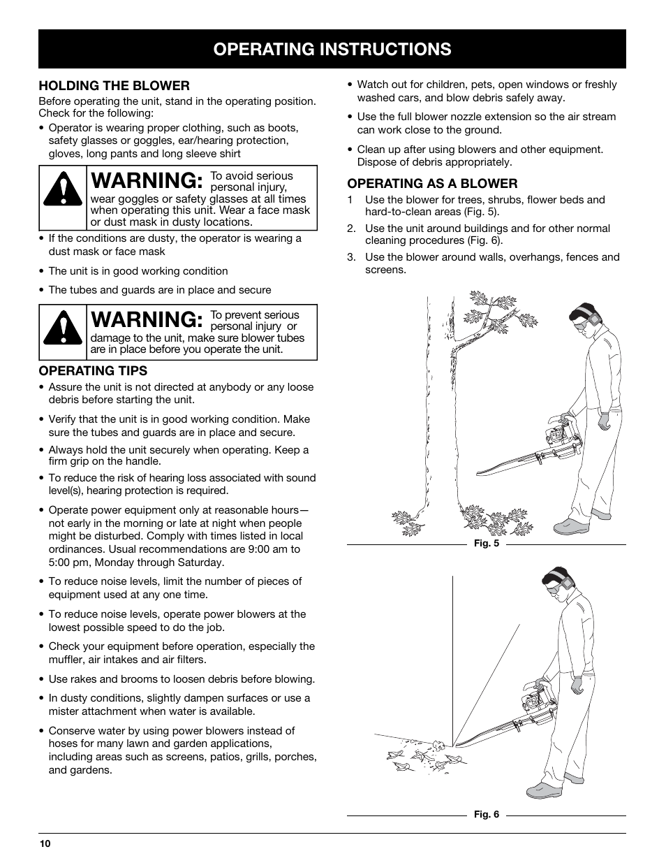 Warning, Operating instructions | Yard Machines YM290 User Manual | Page 10 / 56