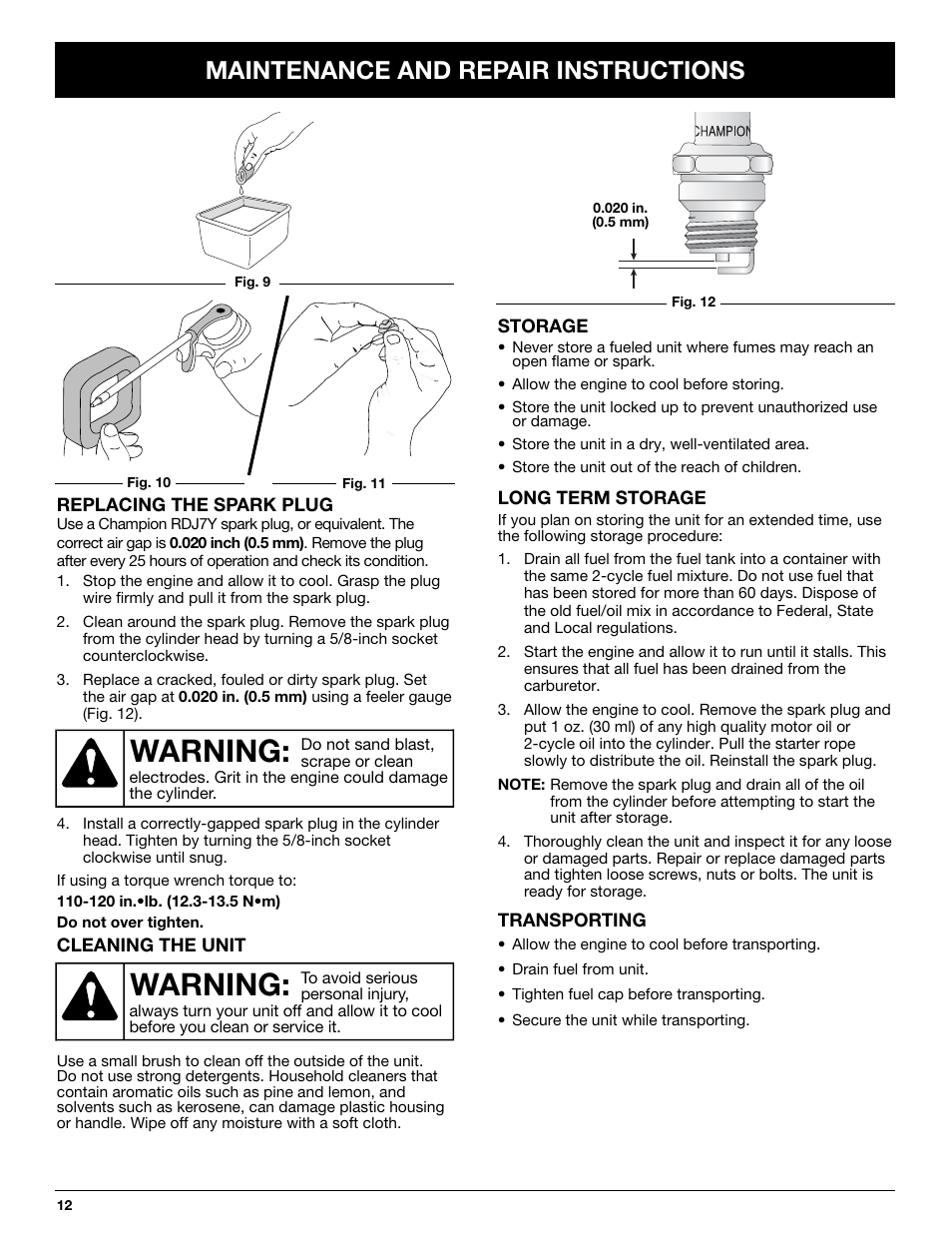 Warning, Maintenance and repair instructions | Yard Machines YM290 User Manual | Page 12 / 56